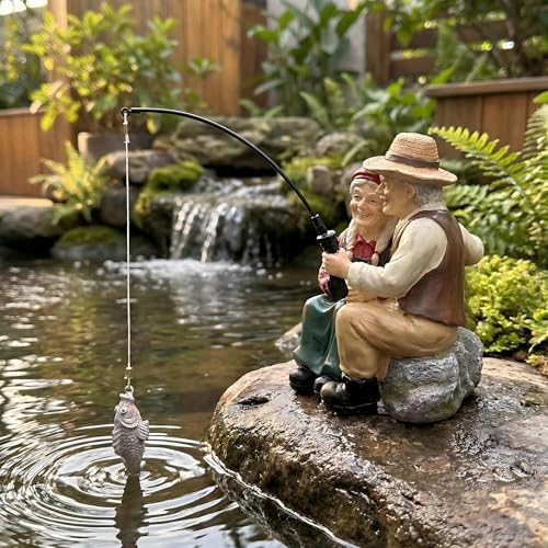 Romantic Older Couple Fishing Statue Outdoor Garden Koi Pond Decoration (Fishing Couple Statue)