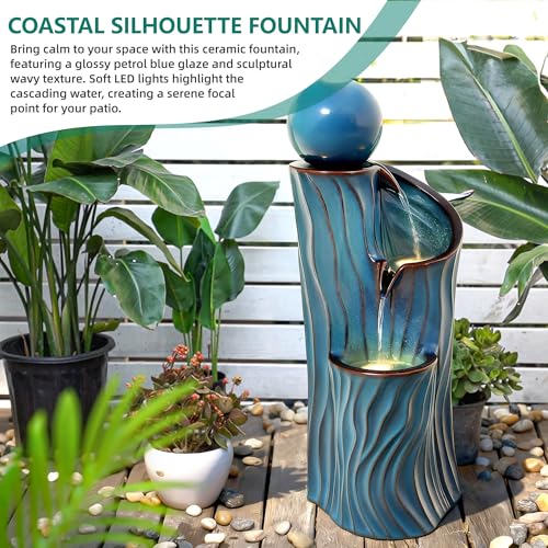 32" H Ceramic Outdoor Water Fountain (Turquoise Wave Texture 32"h-sphere)