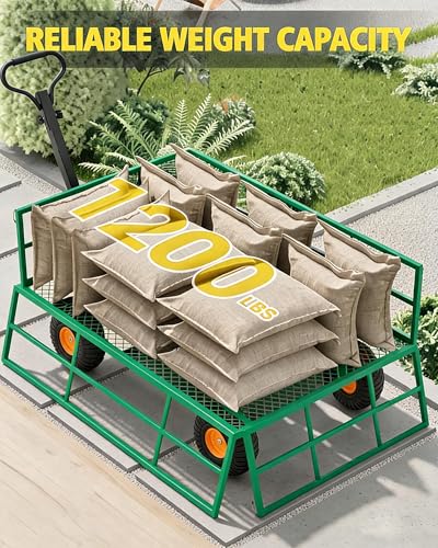 Heavy Duty Steel Garden Cart 1200 LBS Capacity 3 in 1 Pullable Garden Wagon with 13 in Wheels for Gardening Soil (Green and Orange / 1200 lbs)