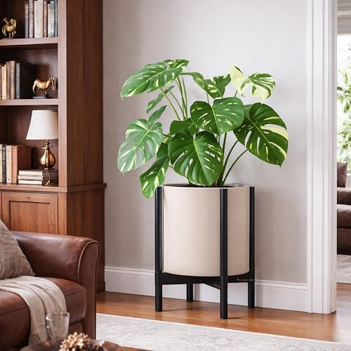 Plastic Pot with Ebony Wood Stand (Oatmeal Pot + Ebony Stand / 14 Inch)