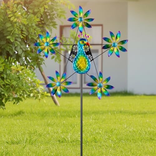 Peacock Colorful Flowers Wind Spinner with Stake (Green)