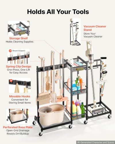 Broom Holder with Cleaning Supplies Organizer (Large)