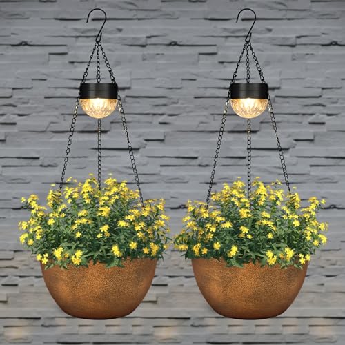 2 Packs Solar Hanging Basket Planters for Plants Outdoor (Bronze)