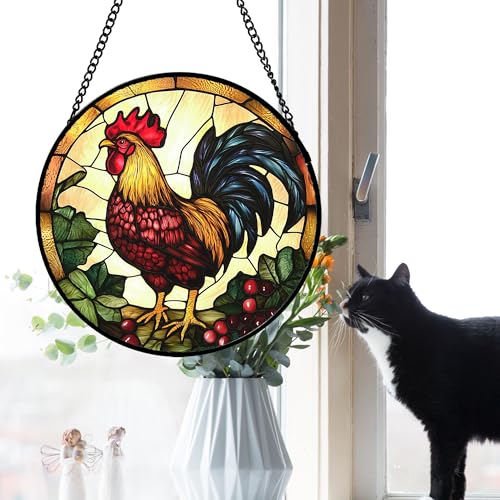 Stained Glass Window Hanging Big Rooster Suncatcher Gifts for Women 15" (Orange Red / 15x15 IN)