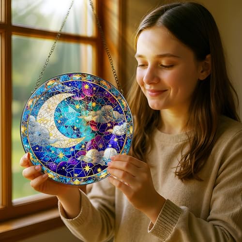 8 Inch Moon and Star Stained Glass Ornament (Night Sky)