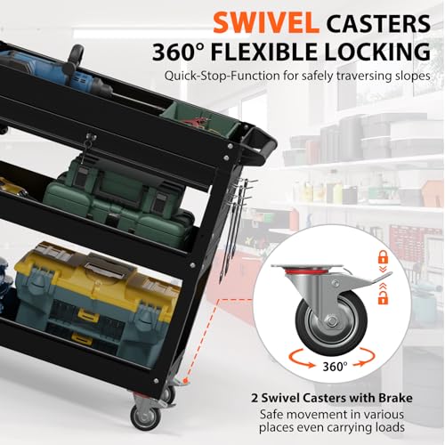 3 Tier Heavy Duty Rolling Tool Cart with Drawers (Black)