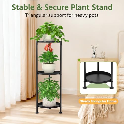 Plant Stand Indoor Tall Corner with Large Metal Tray (Standard Black / 3 Tier)
