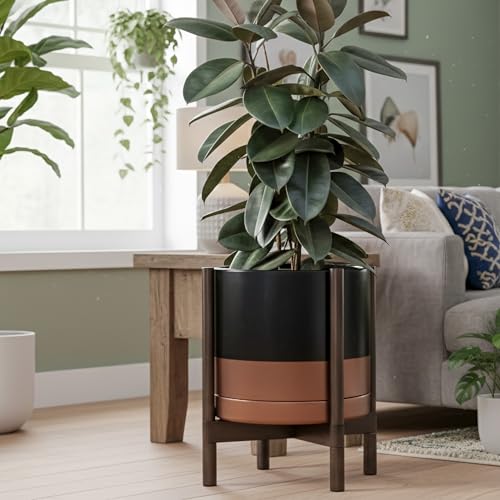 Ceramic Pot with Walnut Wood Stand (14 Inch / Black/Speckled Tan Pot + Walnut Color Stand)