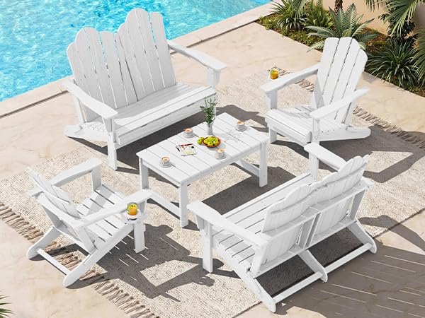 5 Pc HDPE Adirondack Set (White / 2 chair &2 bench &1 coffee table)