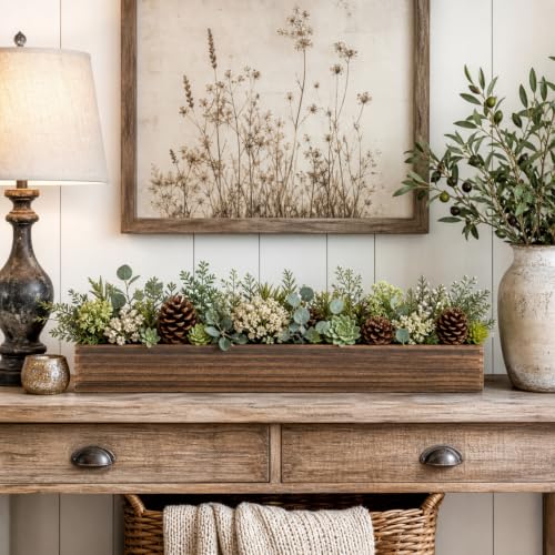 1 Set Wood Boxes for Centerpieces 34x5 Inch Rectangle Wooden Planter Box Rustic Wooden Planter with Removable Plastic Liner Floral Foam Block for Christmas Wedding Home Garden Decor (34 x 5 Inch / Dark Brown)