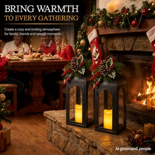 16 Inch Black Metal Christmas Lanterns Set of 2 with Remote and Timer