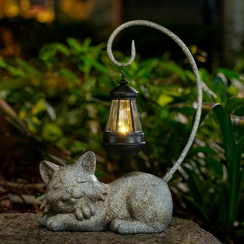 Outdoor Cat Figurine Garden Statue with Solar (Marbled)