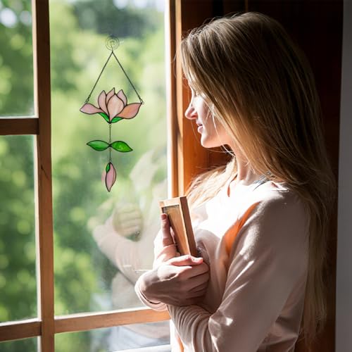 Magnolia Flower Stained Glass Suncatcher for Window (E)