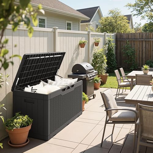 100 Gallon Resin Deck Box Large Outdoor Storage Boxes with Cushions for Garden Tools