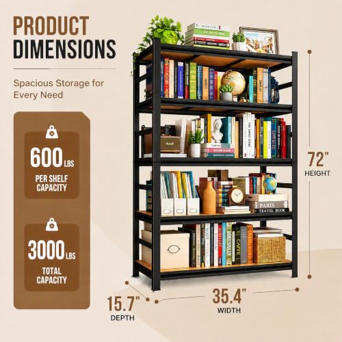 Heavy Duty Wood Bookshelf Adjustable 5 Tier Book Shelf with guard rail (Wood 72"H×35.4"W×15.7"D)
