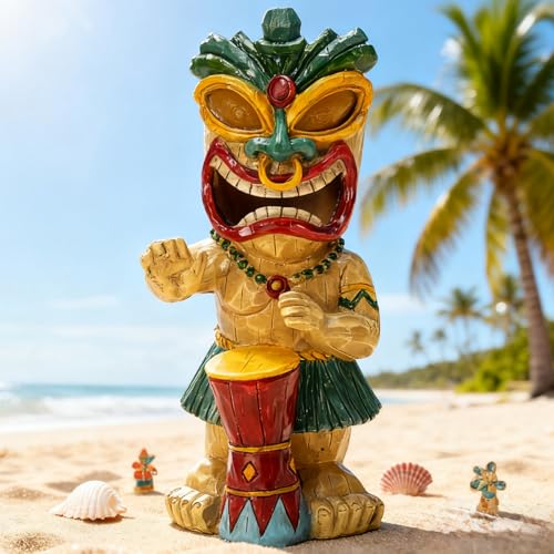 Solar Tiki Garden Statue with LED Eyes Outdoor Polynesian Drummer Hawaiian Party Decor Solar Light Ornament for Patio Porch Lawn or Tiki Lover Best Gifts for Tiki Lovers (Drumming Tiki Statue)