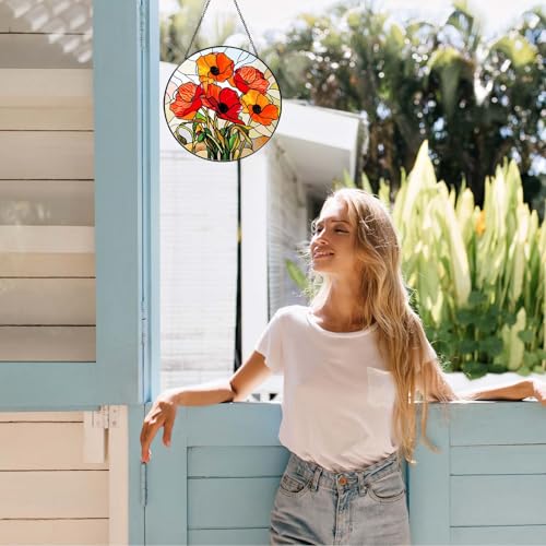 California Poppy Forest Sun Catcher 6'' Stained Glass Window Hanging Flower Lover Gifts for Women Red Poppy Kitchen Decor Suncatcher Decoration for Home Garden Housewarming Gifts (Poppy-02 / 5.91inch)