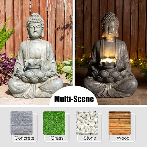 Buddha Outdoor Water Fountain with Lights and Pump (Concrete Buddha W/Lotus Leaf&flower Basins / 28.25"H)