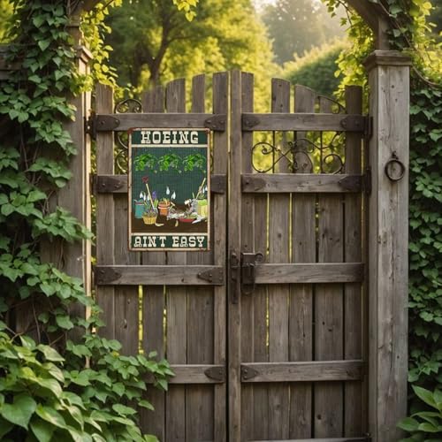 Funny Garden Signs for Outside Hoeing Ain't Easy Metal Tin Sign Personalized Decor Gift for Women Outdoor Yard & Shed Gardening Signs Garden Stuff for Outside 8x12 Inch (a03)