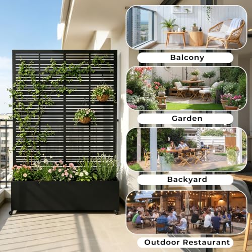Double Metal Planter Box with Trellis Privacy Screen (Black line / 73"x 47"x 30")