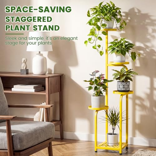 Tall 5 Tier Square Plant Stand Indoor Outdoor (Yellow / 5-Tier Square Base)