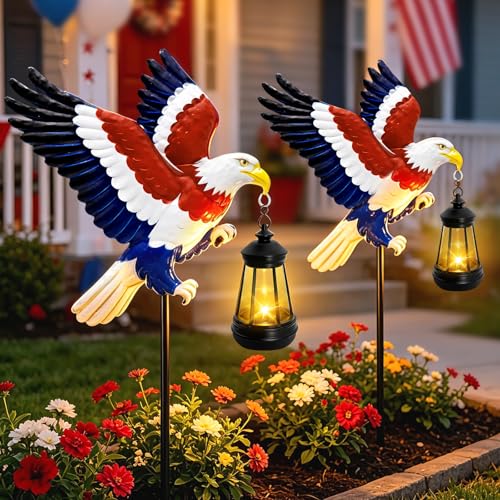 4th of July Decorations 250th anniversary 2 Pack Bald Eagle Solar Garden Lights Outdoor Waterproof