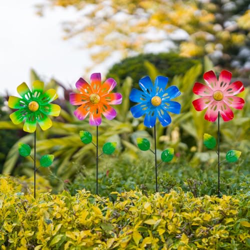 4 Packs Flowers Wind Spinners Outdoor (Flowers-bright)