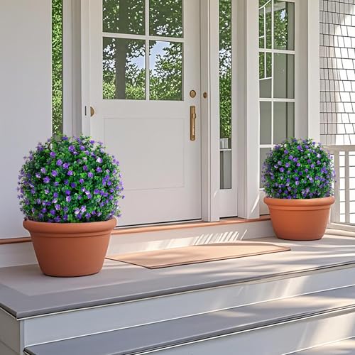 2 Pack Artificial Boxwood Topiary Tree with Flower for Outdoor (Purple Flower)