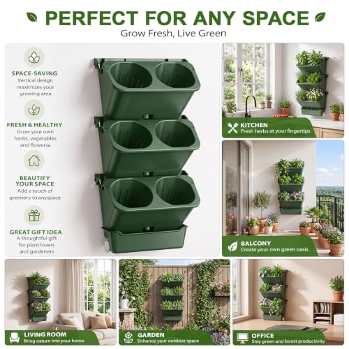 3 Set 6 Pocket Vertical Stackable Wall Planters Kit Outdoor Self Watering Plastic Planter Grow Hang Mount System for Strawberry Flower Vegetable Home Fence Balcony Wall Decor (Military Green)