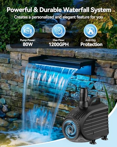 Pond Waterfall Kit with Colorful LED Lights & 1200GPH Pond Pump (24 INCH)