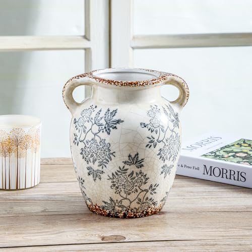 Blue and White Ceramic Vase with Handles (01-blue and White-7.8 in)