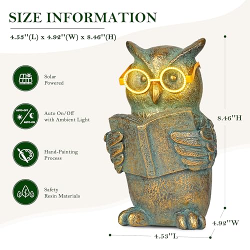 Reading Owl Statue with Solar Glasses Garden Decor Gift for Women (Owl)