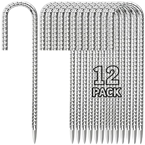12 inches Tent Stakes Heavy Duty 12 (J-12"x5/16"-12pcs / J Shape-Silver)