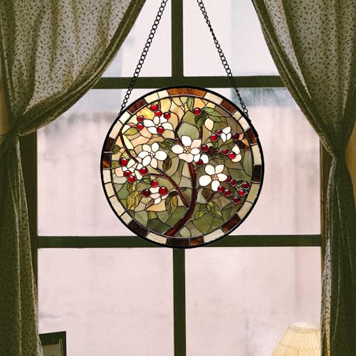 White Flowers Red Berries Stained Glass Window Hanging Suncatcher Gift 7.8" (Brown Green / 7.8x7.8 IN)