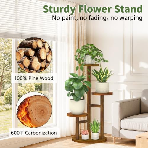 Wood Small Plant Stand Table Indoor Tall with Lights (Brown with Light / 3 Tier)