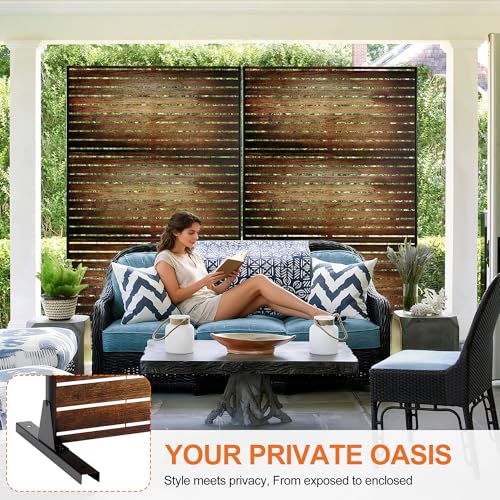 Metal Freestanding Privacy Screen Panels Outdoor (71"H×47"W / Retro Wood Grain)