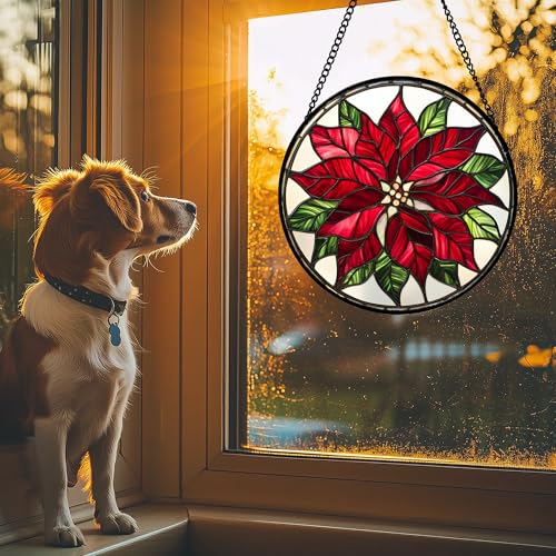 Red Poinsettia Flower Stained Glass Window Hanging Suncatcher Gifts 9.8" (Red and White / 9.8x9.8 IN)
