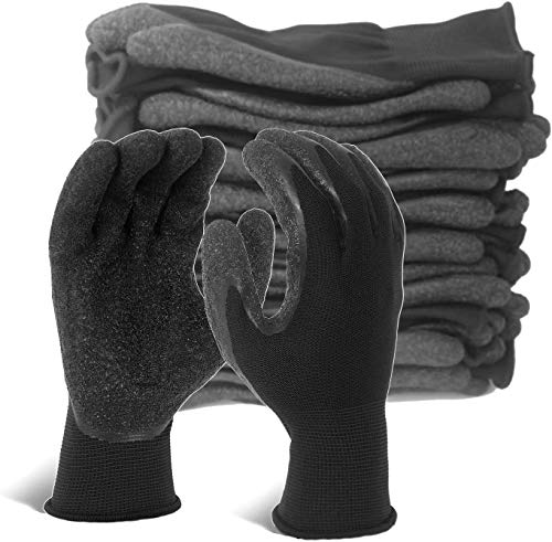 Crinkle Latex Rubber Coated Safety Work Gloves for Men Women (X-Small / Black-12 Pairs)