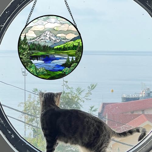 Stained Glass Window Hanging 4 Pcs Set Mountains Lake Green White Landscape 6.3" (4-piece White and Green Set / 6.3x6.3 IN)