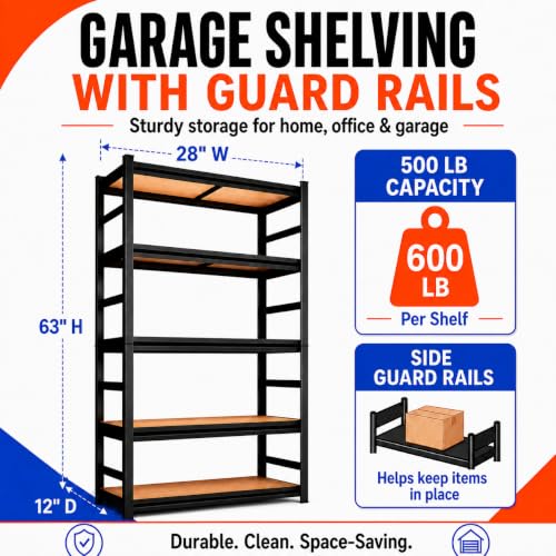 Garage Shelving (Wooden-5TIER 63"H×28"W×12"D)
