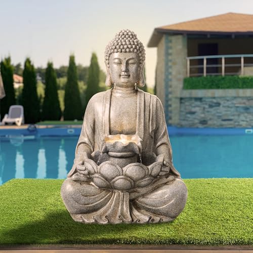 Buddha Outdoor Water Fountain with Lights and Pump (Concrete Buddha W/Lotus Leaf&flower Basins / 28.25"H)