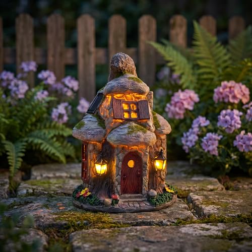 Fairy Garden House Statue with Solar LED Lights (Mossy Gnome Cottage)