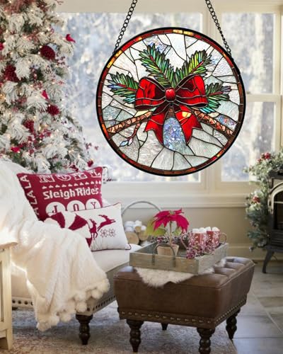 Christmas Pine Bow Stained Glass Window Hanging Suncatcher Gifts Decor 7.8" (Red and Green / 7.8x7.8 IN)