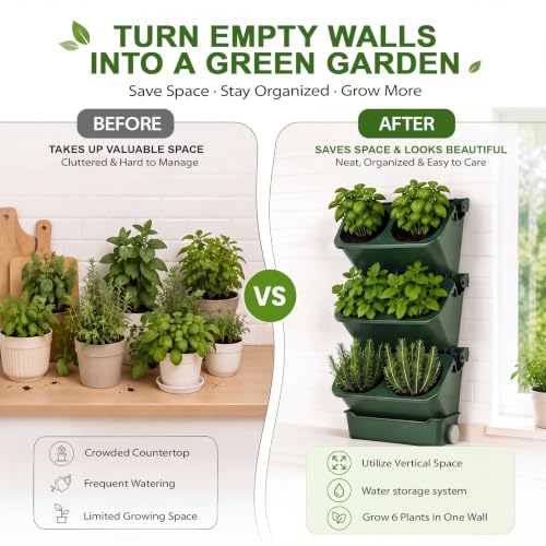 3 Set 6 Pocket Vertical Stackable Wall Planters Kit Outdoor Self Watering Plastic Planter Grow Hang Mount System for Strawberry Flower Vegetable Home Fence Balcony Wall Decor (Military Green)