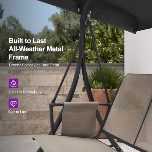3 Seat Outdoor Porch Swing with Adjustable Canopy (Light Gray(textilene) / Porch Swing)