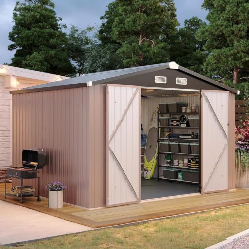 10x8FT Shed with Floor Galvanized Steel Outdoor Storage Shed (Brown / 10'x8'w)
