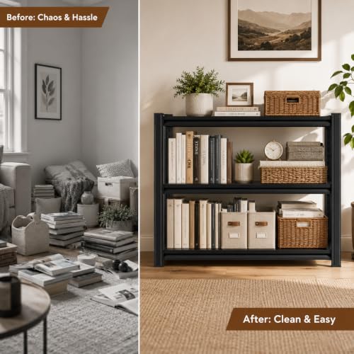 Heavy Duty Metal Bookshelf Adjustable 3 Tier Book Shelf with Bolt (3Tier 31.5"H×23.6"W×13.8"D)