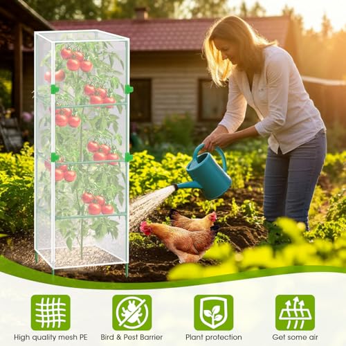 3Pack Garden Bird Netting Plant Cover for Square Tomato Cage (Netting Plant Cover-55.1"x15.7"-Transparent)