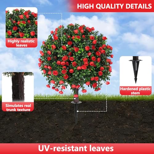 2 Pack Artificial Rose Topiary Ball Trees with Ground Spike (Red Rose)