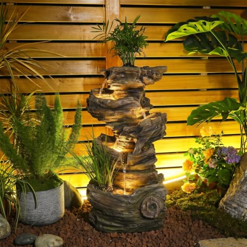 28" Wood Outdoor Water Fountain with Planter for Garden Decor (27.56"H / Brown)